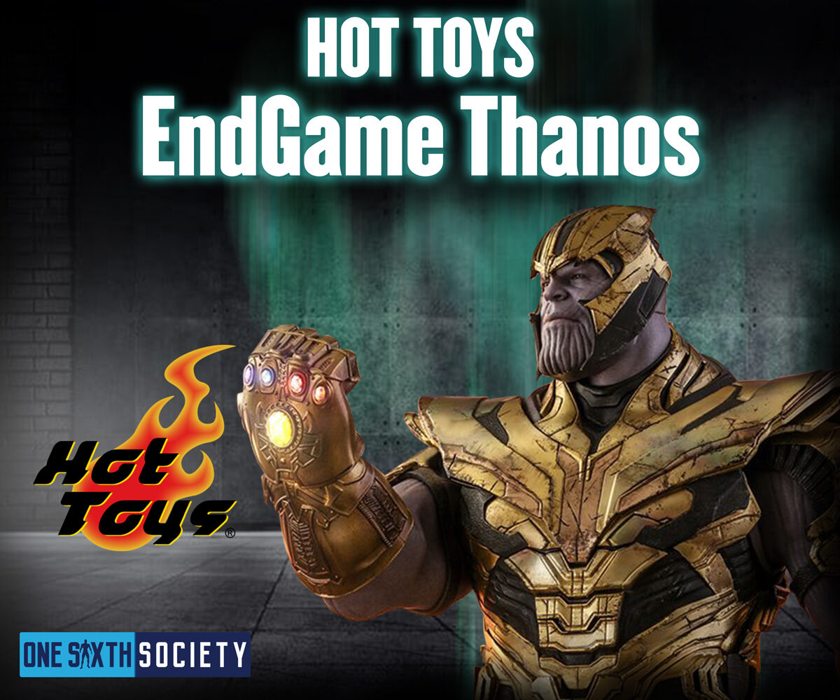 Hot Toys Endgame Thanos wearing gold armor and a helmet, raising an Infinity Gauntlet with glowing stones.