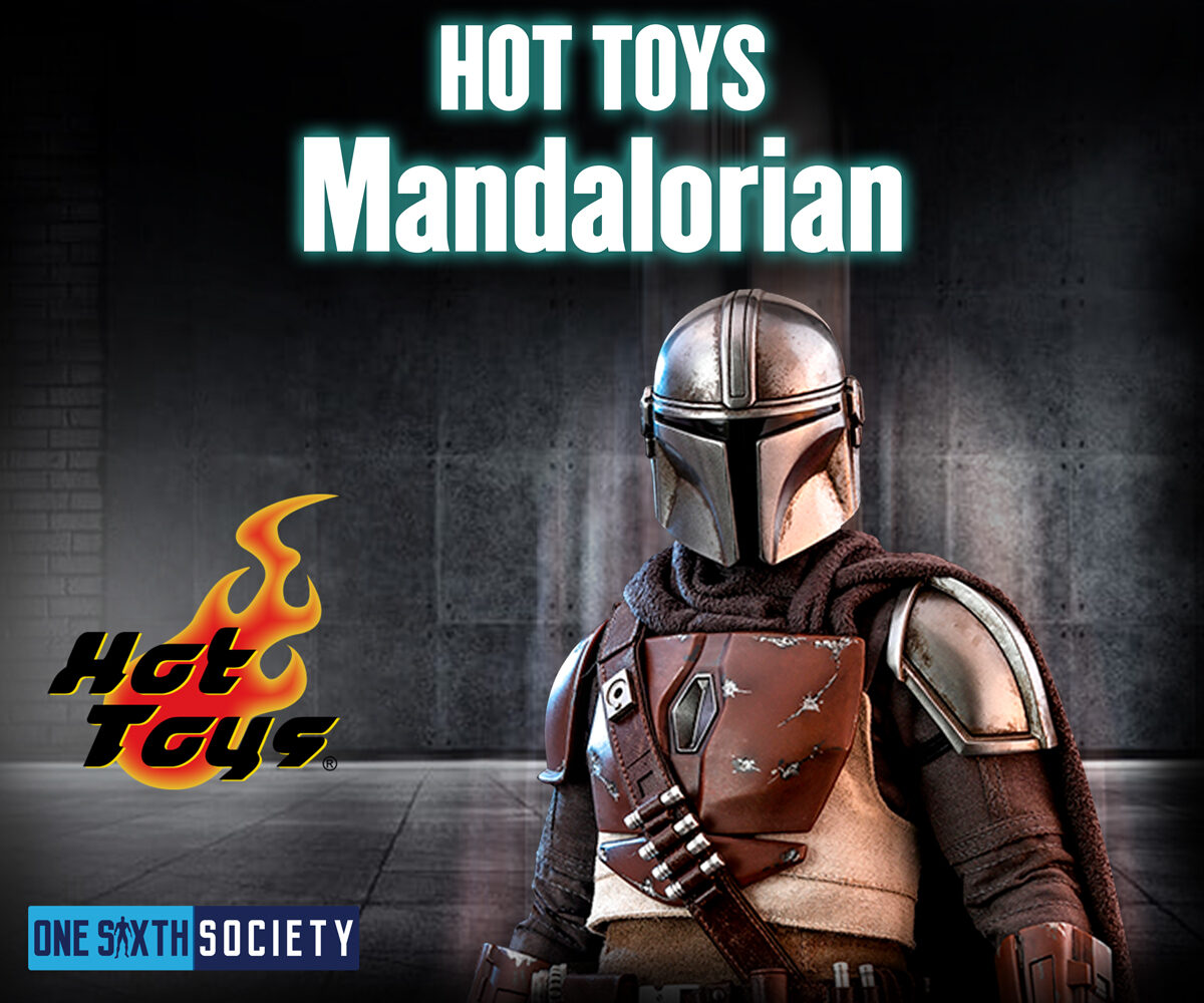 Hot Toys Mandalorian with a silver helmet, weathered brown chest armor and ammunition bandolier.