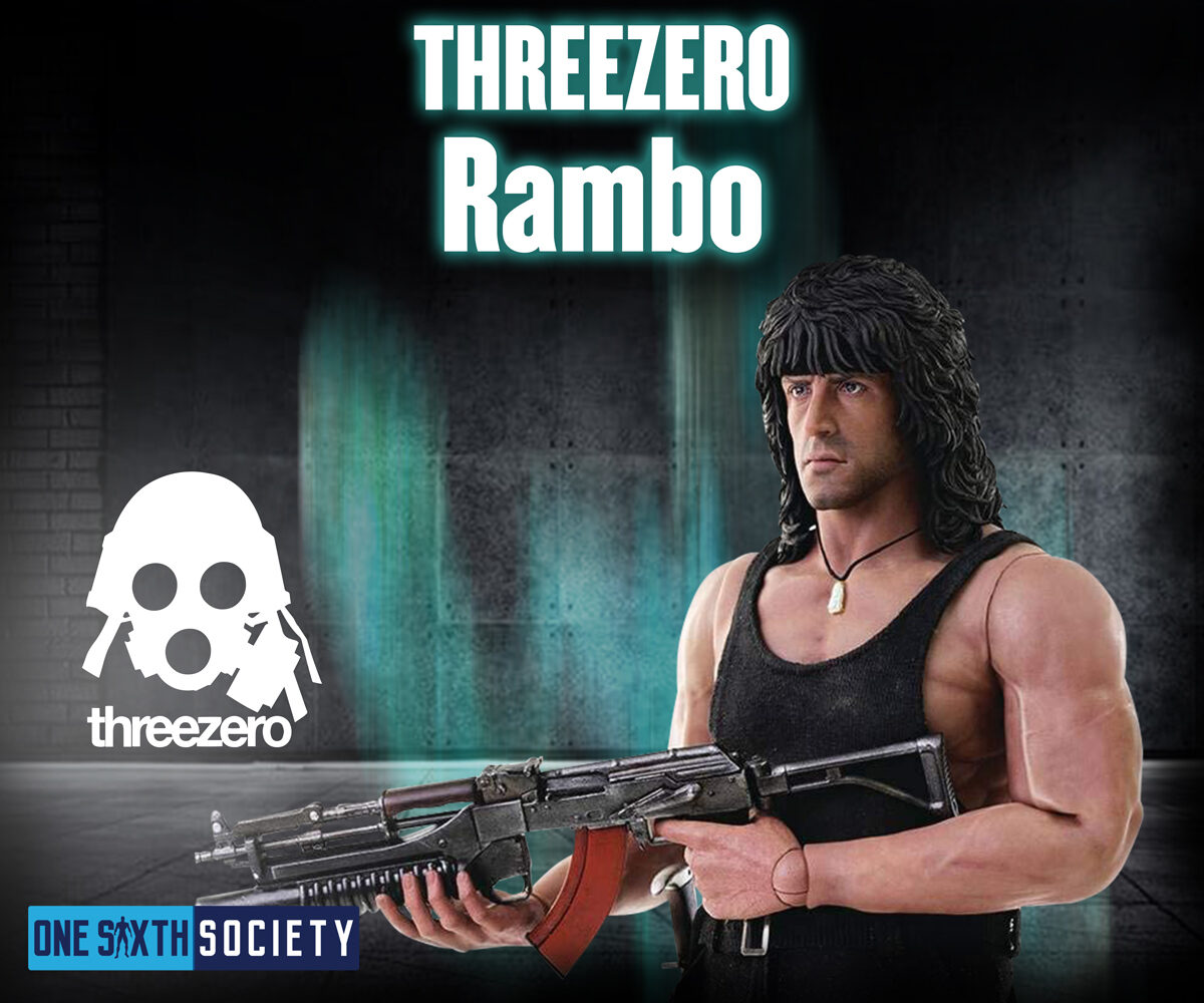 Threezero Rambo III figure in a black tank top holding a rifle across his body in the 2020 awards graphic.