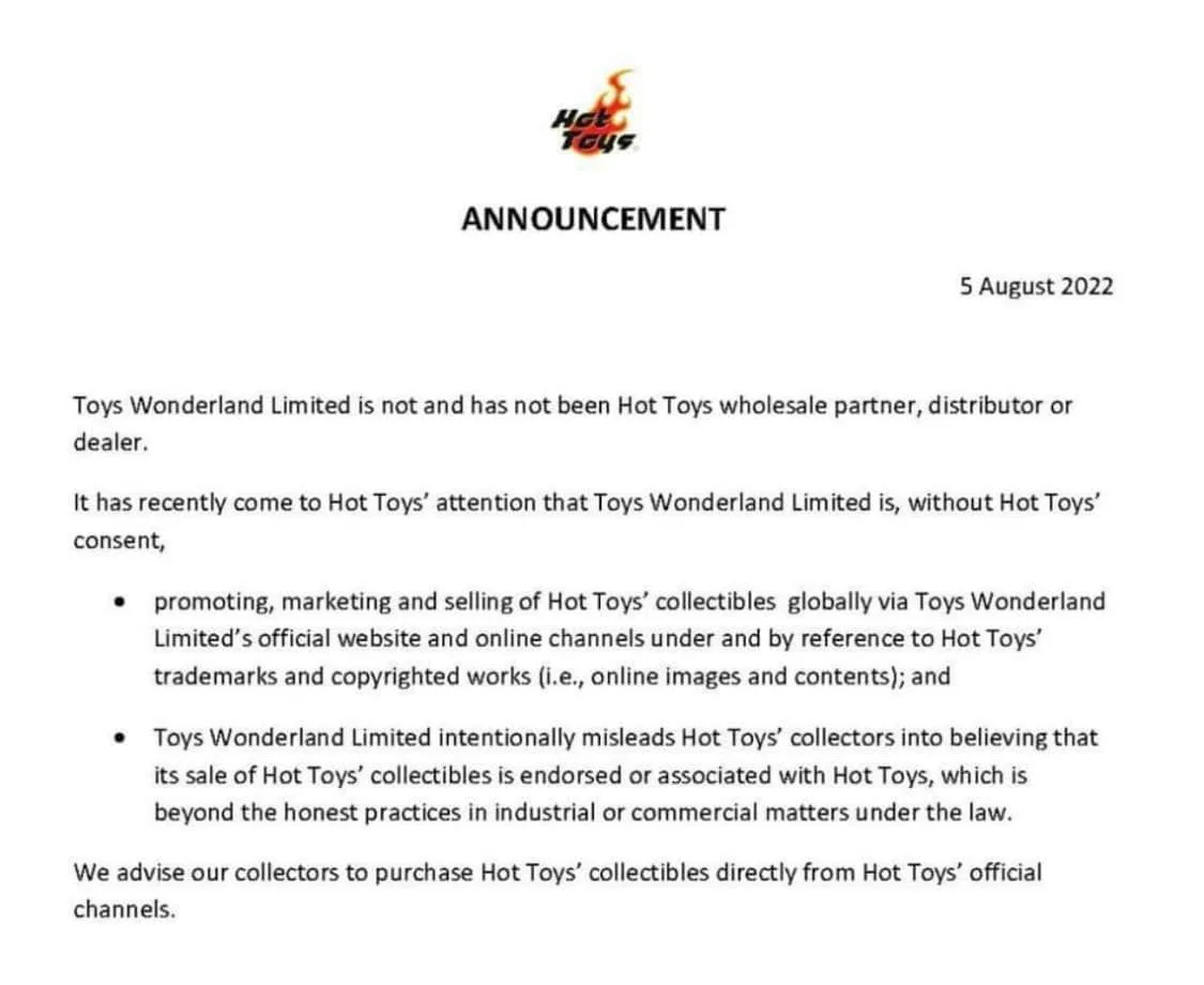 Hot Toys notice dated August 5, 2022 stating that Toys Wonderland was not its wholesale partner, distributor or dealer and advising use of official channels.