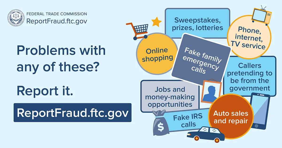 FTC ReportFraud.ftc.gov infographic listing online shopping, prize offers, impersonation calls and other consumer problems that can be reported.