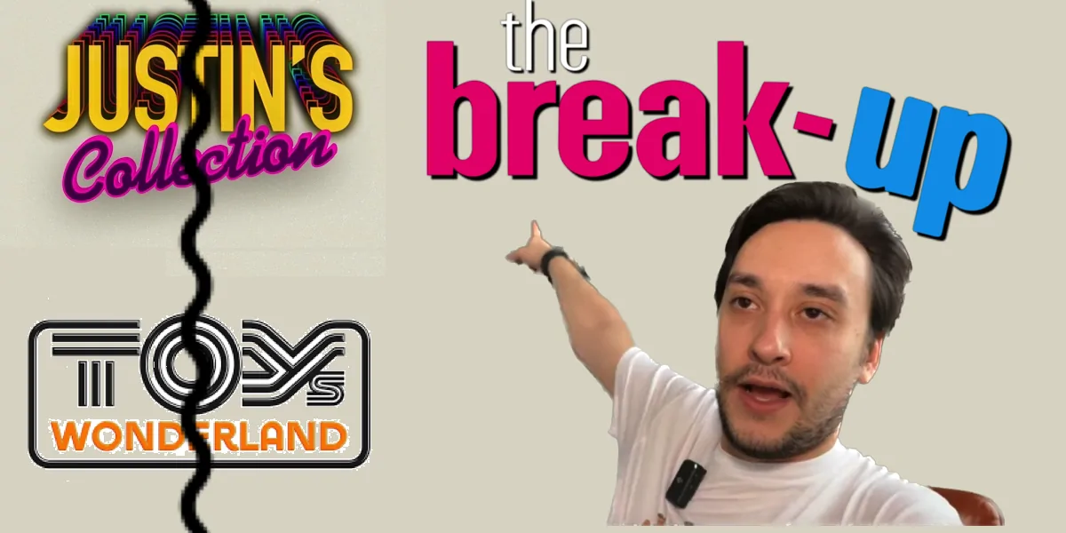 Historical break-up graphic with Justin’s Collection and Toys Wonderland logos separated by a black crack beside a presenter pointing upward.