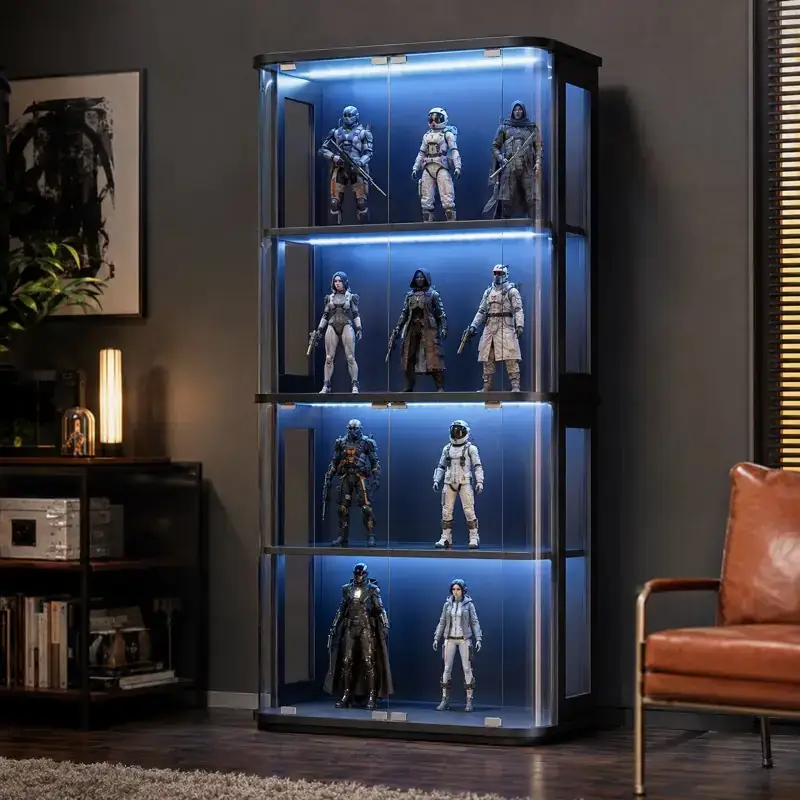 Illustration for the BROTTAR rounded-cabinet section: a dark cabinet with four blue-lit display levels holding groups of armored figures.