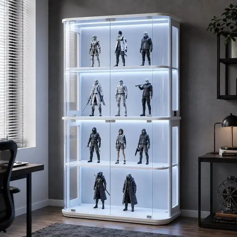 Illustration of a wide white cabinet with rounded sides and four bright display levels, arranged with rows of armored figures for the larger BROTTAR section.