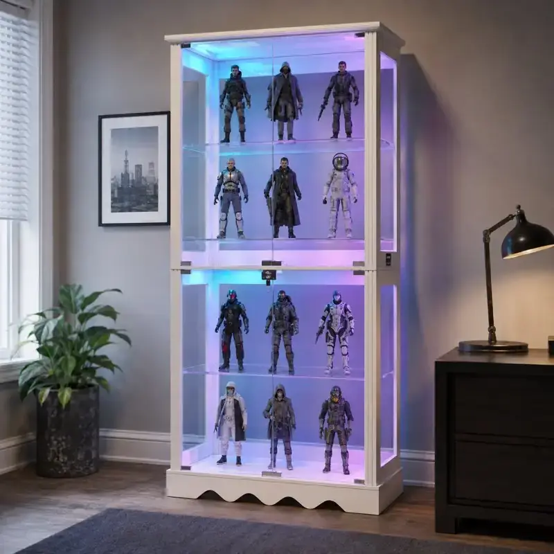 Illustration for the Dystler cabinet section showing a tall white cabinet with blue and purple lighting and several rows of collectible figures.