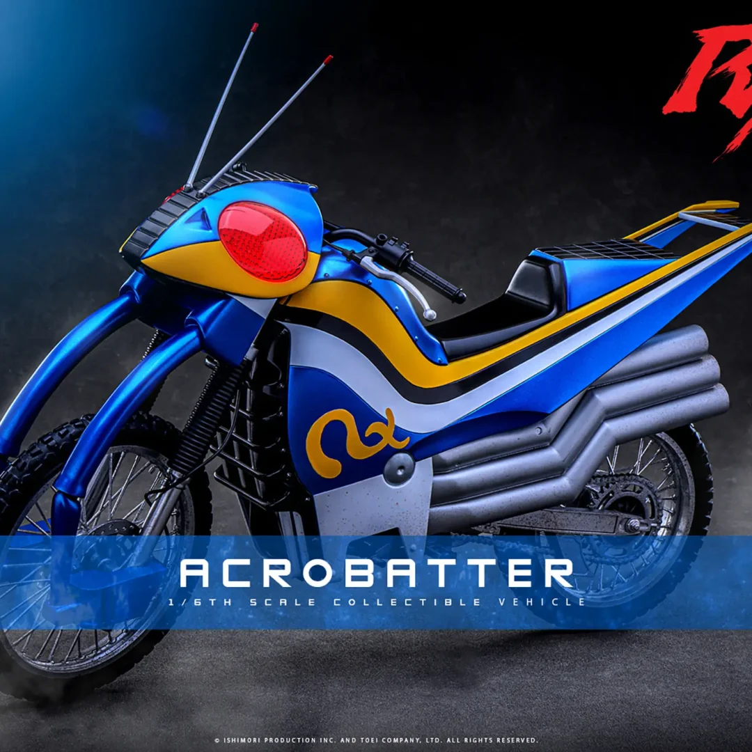 Hot Toys Acrobatter motorcycle in a front three-quarter view, with bright blue bodywork, red eye-shaped headlights, yellow-and-white stripes and stacked silver exhaust pipes.