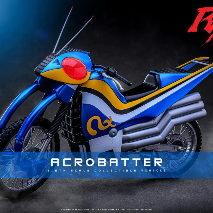 Hot Toys Acrobatter motorcycle in a front three-quarter view, with bright blue bodywork, red eye-shaped headlights, yellow-and-white stripes and stacked silver exhaust pipes.