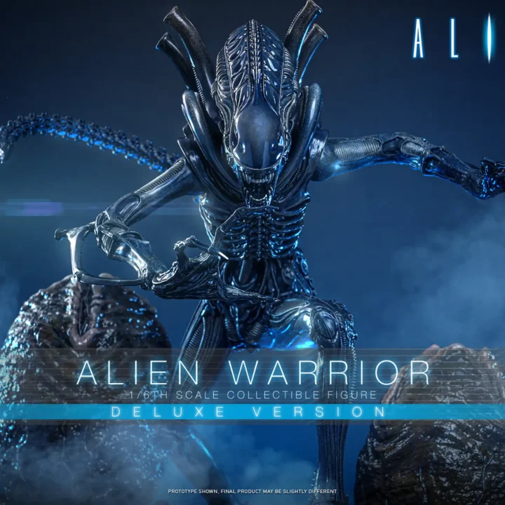 Hot Toys Alien Warrior spreading its clawed arms among egg scenery, with a ridged elongated head, ribbed black torso and curved tail lit blue through mist.