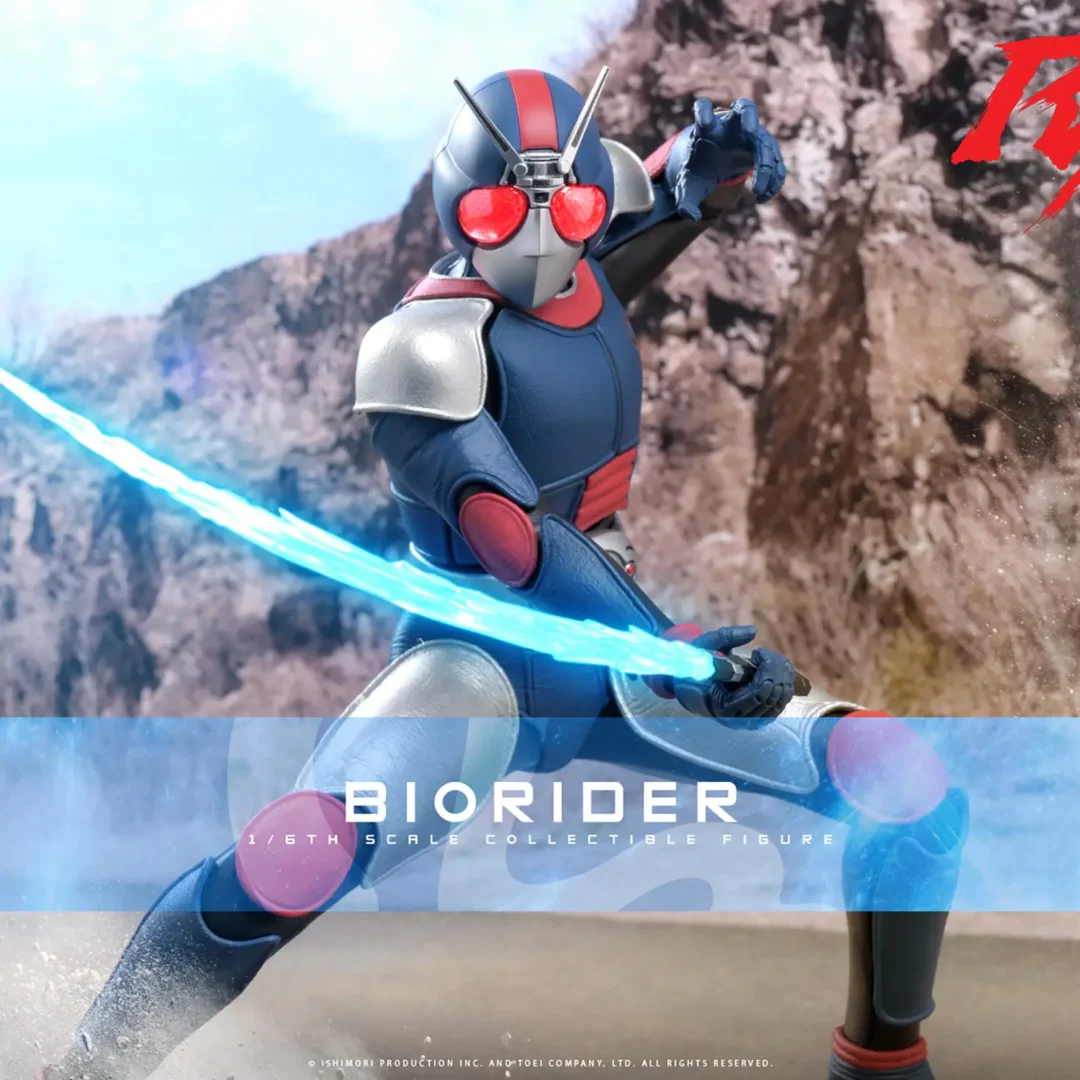 Hot Toys BioRider sweeping a bright blue curved Bio Blade effect across his waist, with silver shoulder and thigh armor, red joint pads and a wide stance against rocky scenery.