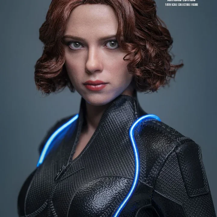 Black Widow Artisan Edition MMS925AE with implanted red hair and illuminated blue suit stripes