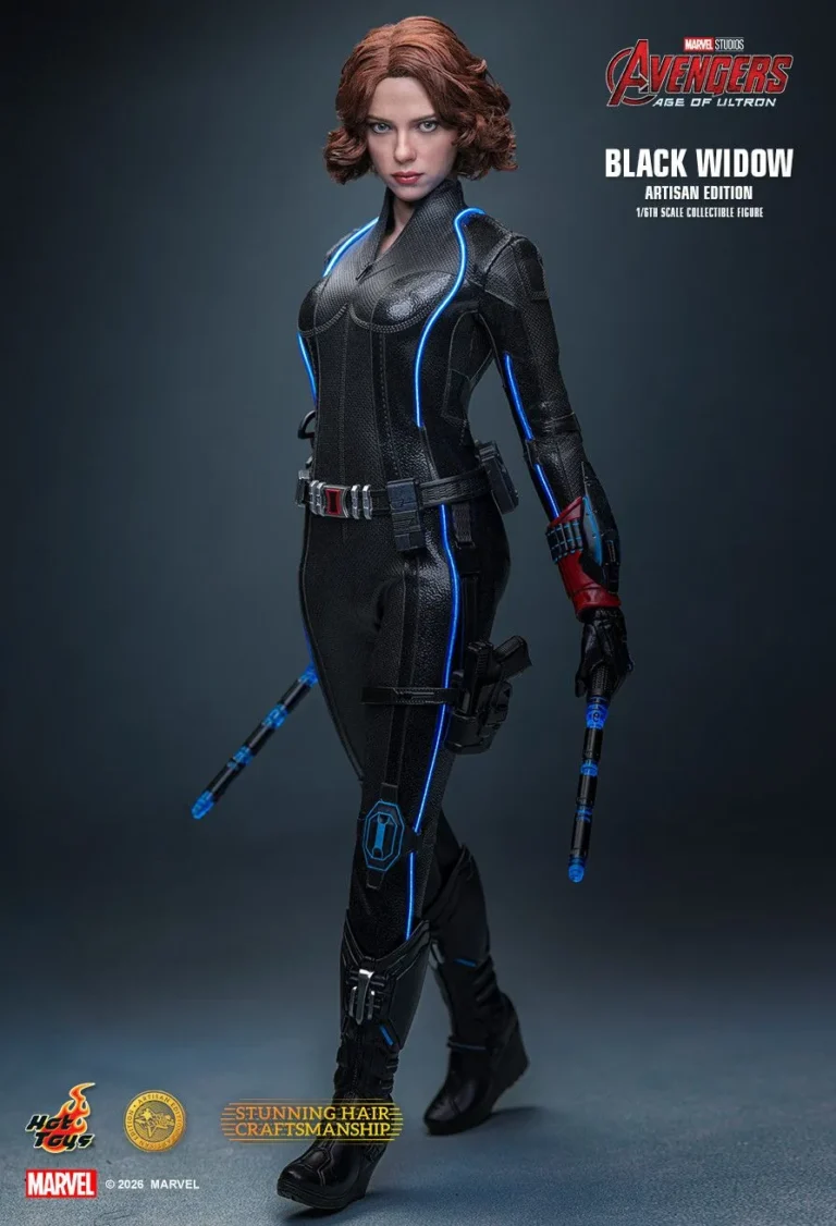 Black Widow from Avengers Age of Ultron holding both extended electroshock batons