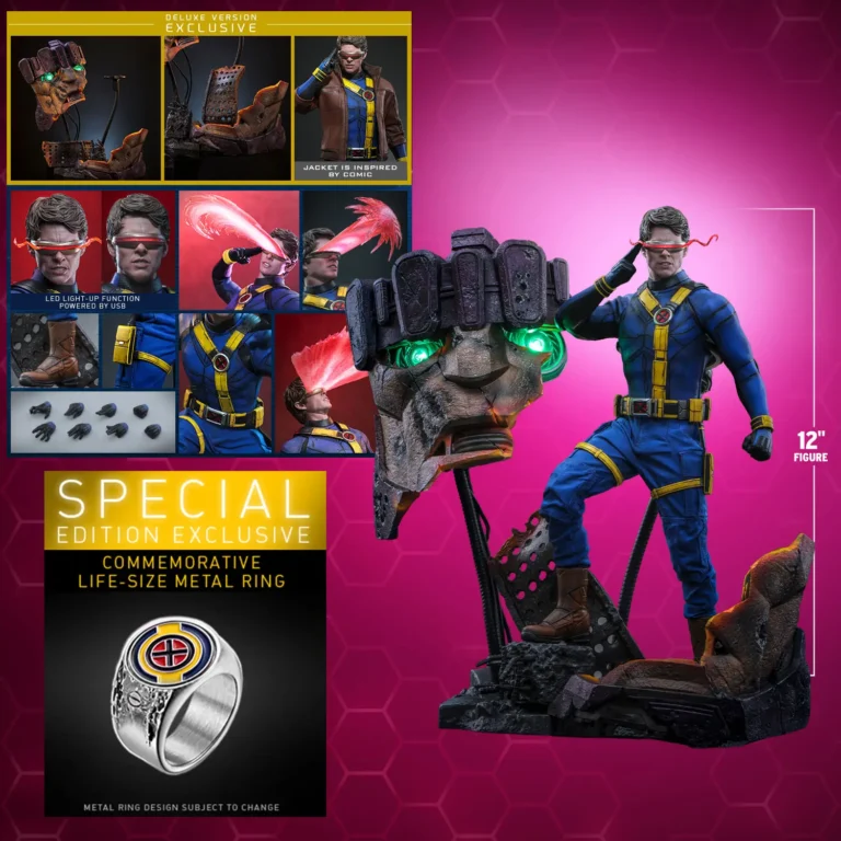 Cyclops Deluxe Special Edition sheet shows the blue uniform, brown jacket, red visor effects, spare hands, lighted Sentinel diorama and commemorative metal ring.