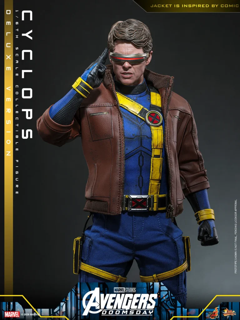 Hot Toys Cyclops touching the side of his red visor, wearing a brown open jacket over the blue tactical suit and yellow X-Men harness.