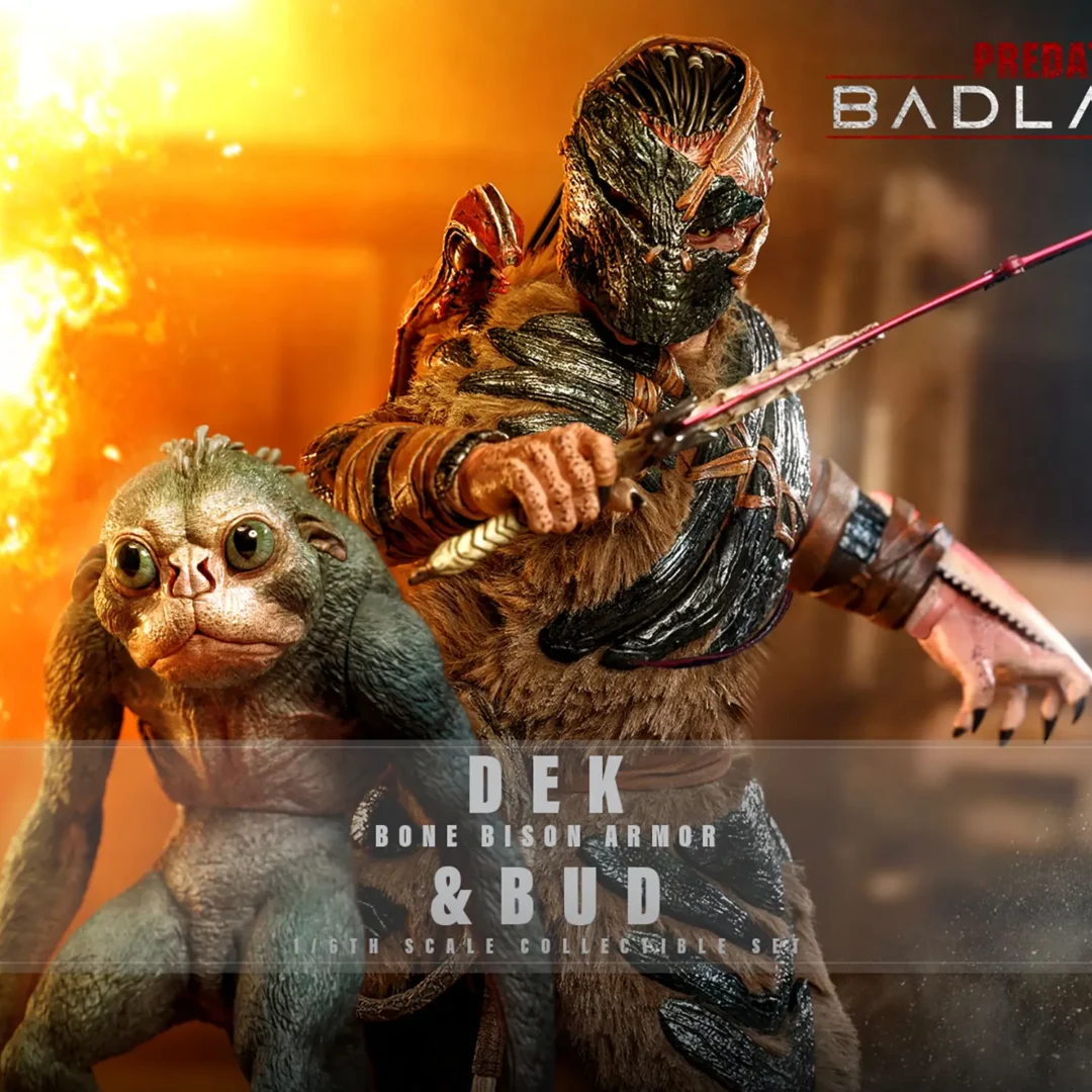 Hot Toys Dek in a Bone Bison mask and fur-trimmed armor extending a pink-edged plasma sword, with wide-eyed Bud in the foreground against fiery orange light.