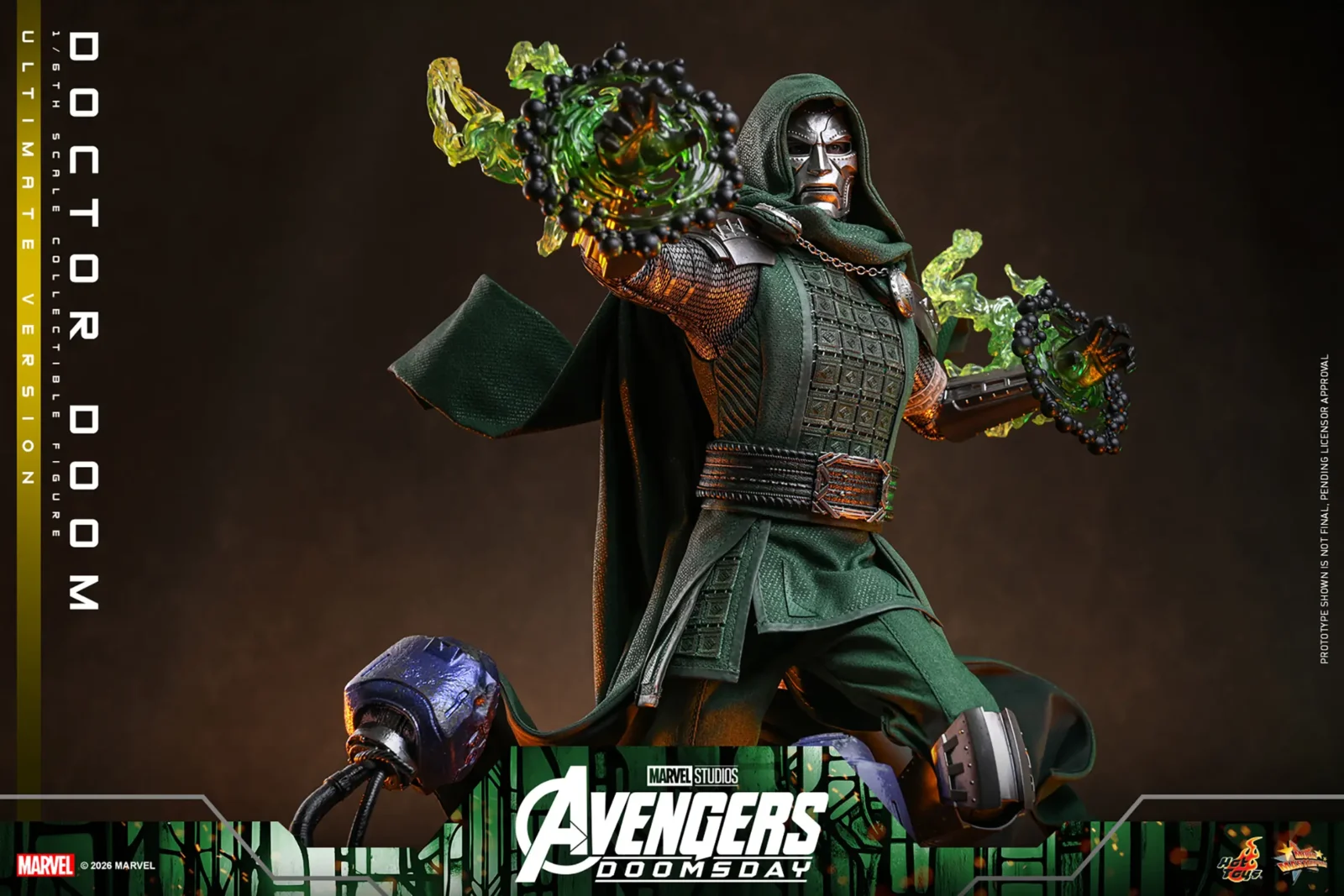 Wide close view of Doctor Doom extending a circular green mystic effect toward the viewer, his second effect hand raised beside the green armored tunic.
