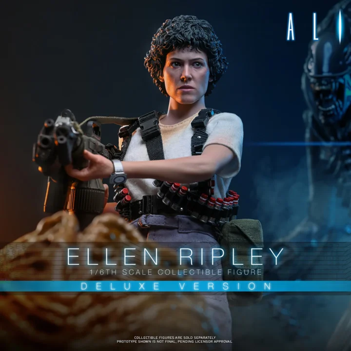 Hot Toys Ellen Ripley aiming her combined weapons past an egg in the foreground, with curly black hair, a white shirt and a looming Alien behind her.