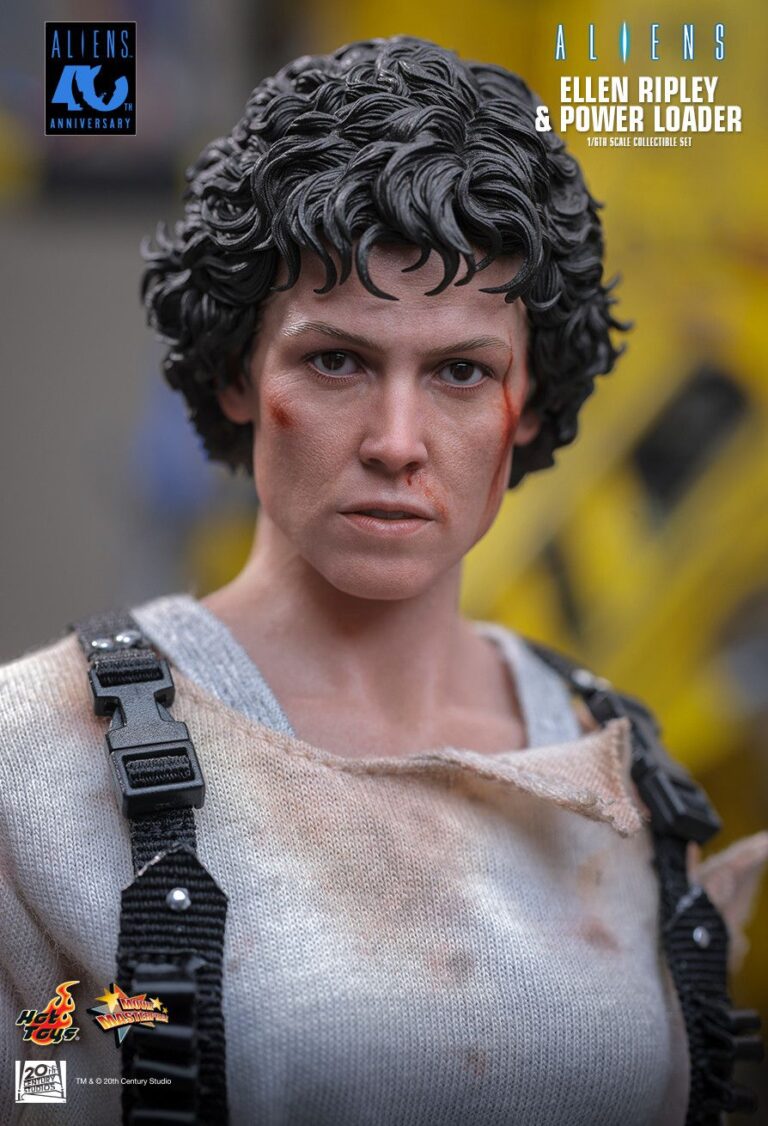 Close-up of the battle-damaged Sigourney Weaver portrait with sculpted curly hair.