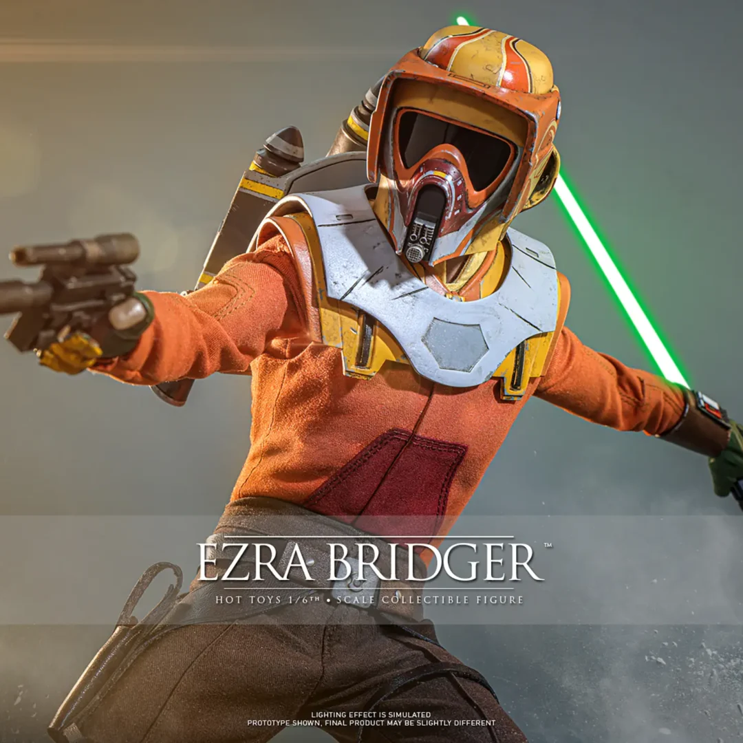 Hot Toys Ezra Bridger wearing an orange helmet and gray upper armor, aiming a blaster outward while extending a green lightsaber behind him.