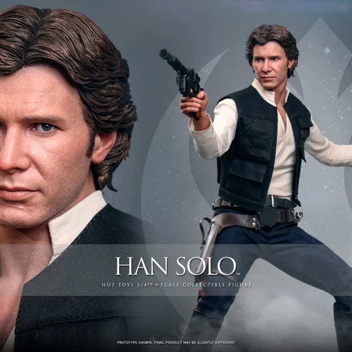 Hot Toys Han Solo promotional composite pairing a close-up of the brown-haired head sculpt with a wide-legged pose aiming his blaster pistol.