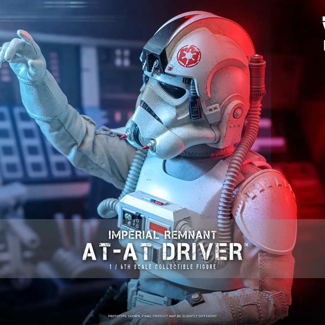 Hot Toys Imperial Remnant AT-AT Driver raising a pointing hand under blue and red lighting, with ribbed breathing hoses around the weathered gray helmet.