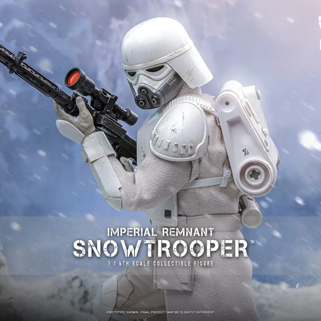 Hot Toys Imperial Remnant Snowtrooper raising a scoped rifle in a snowy scene, wearing the exposed-respirator helmet and a white backpack.
