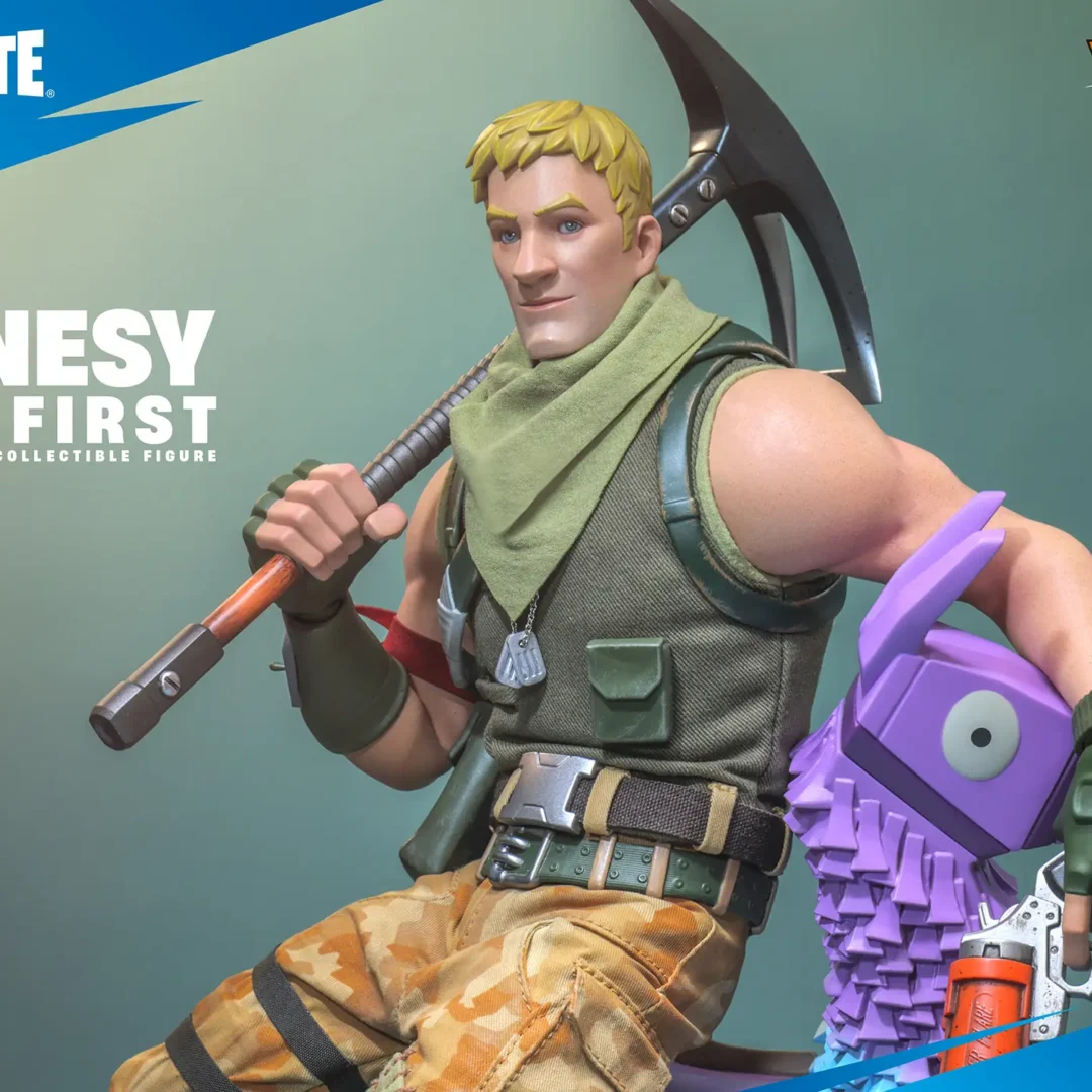 Hot Toys Jonesy The First sitting on the purple-and-blue Supply Llama with a pickaxe over his shoulder and an orange Flare Gun at his side, wearing a green scarf and camouflage trousers.