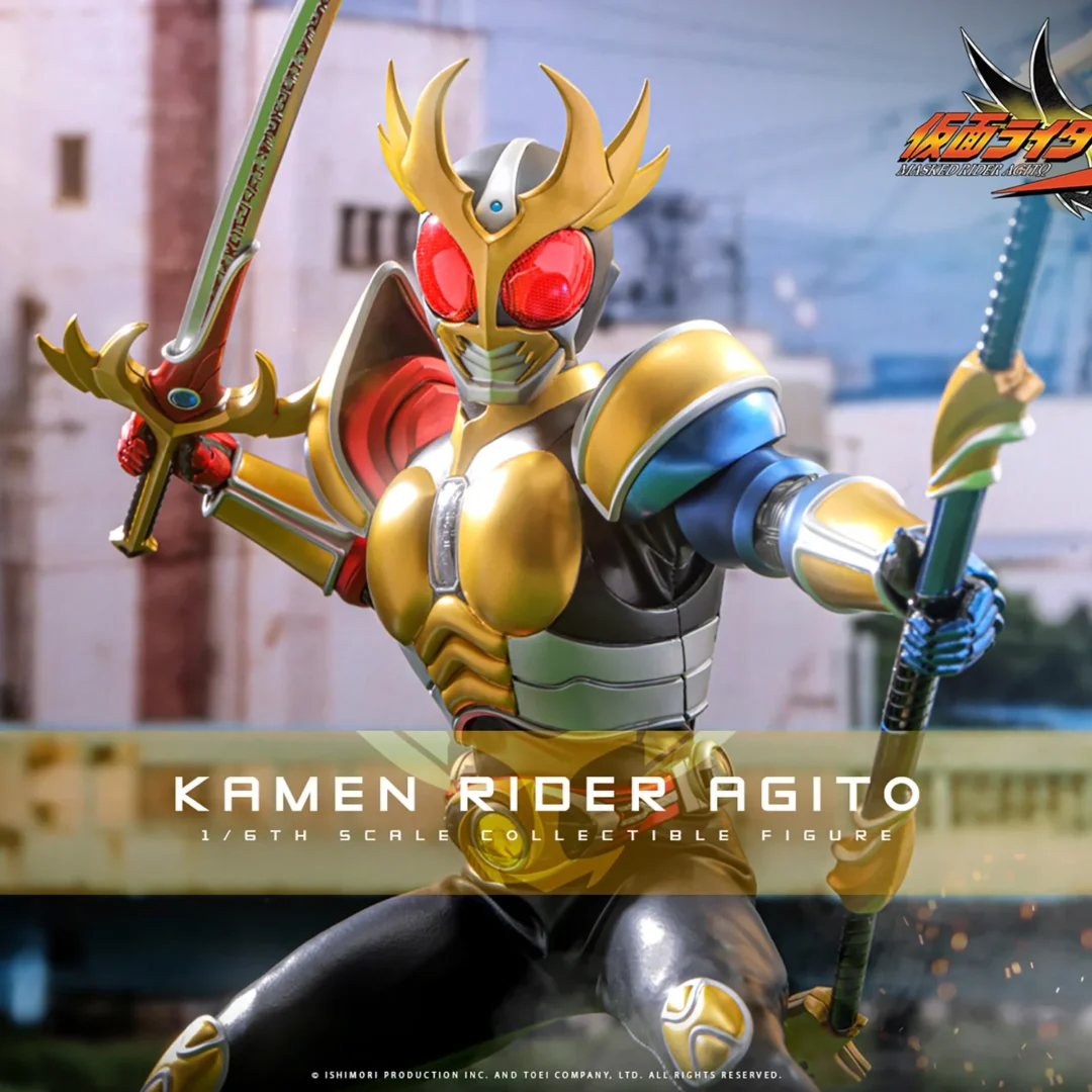 Hot Toys Kamen Rider Agito in Trinity Form with a red armored arm and a blue armored arm, holding the Flame Saber and Storm Halberd beneath opened golden helmet horns.