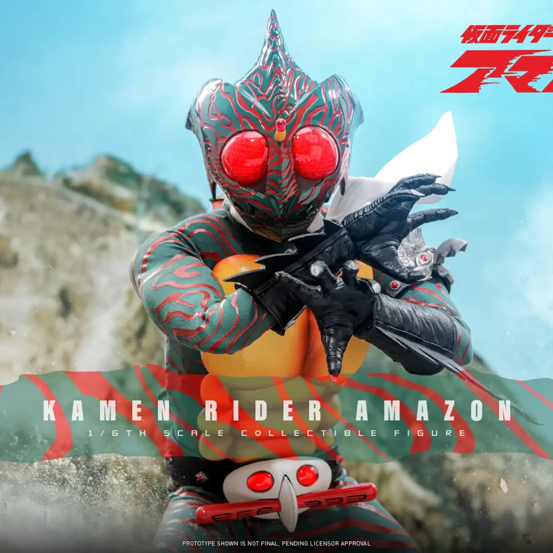 Hot Toys Kamen Rider Amazon crossing his clawed hands before his yellow-orange chest, with bright red eyes and a white scarf against rocky scenery.