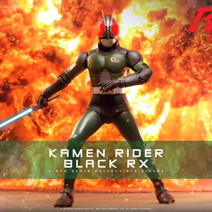Hot Toys Kamen Rider Black RX in green-and-black armor holding a glowing blue Revolcane low beside him, standing wide against an orange explosion background.