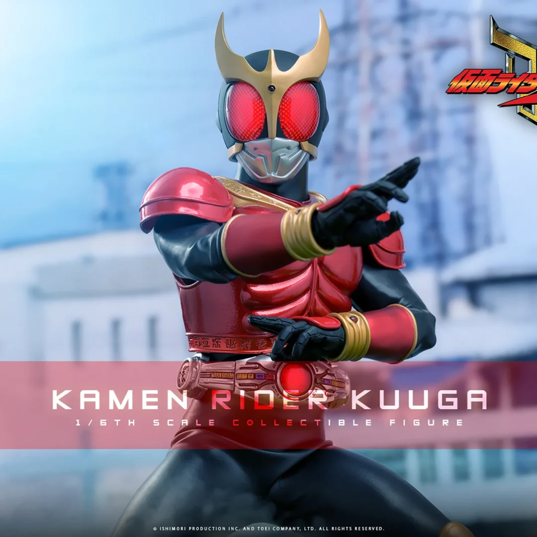Hot Toys Kamen Rider Kuuga pointing two fingers diagonally forward with the other hand across his waist, wearing red chest armor and a gold-horned helmet with large red eyes.