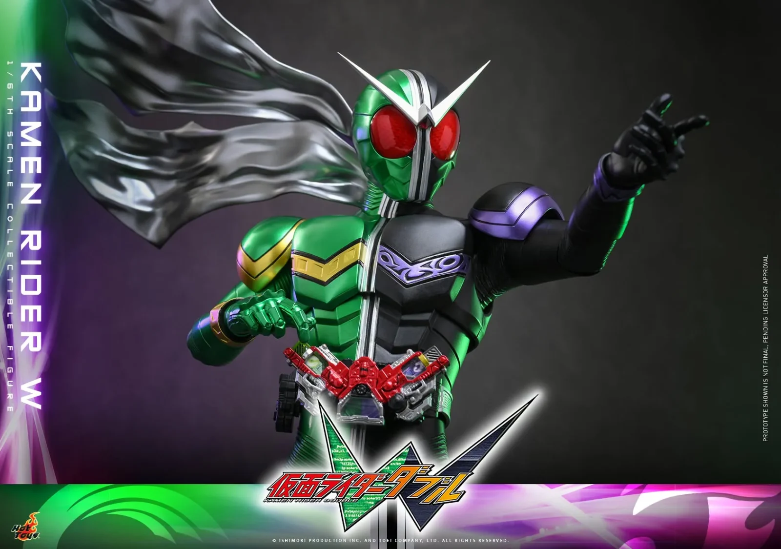 Kamen Rider W pointing forward with green Cyclone and black Joker armor