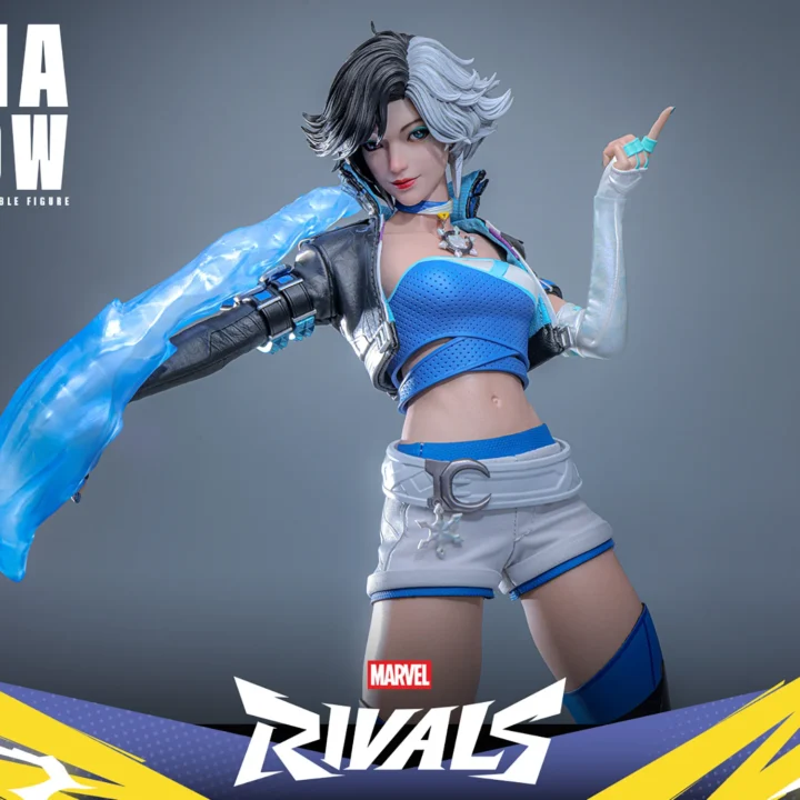 Luna Snow extending one arm through a large translucent blue ability effect while lifting the opposite hand in a finger gesture, shown against grey.