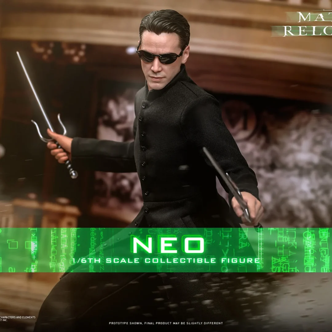 Hot Toys Neo in sunglasses and a long black coat, holding two sai in a fighting pose before a grand staircase.