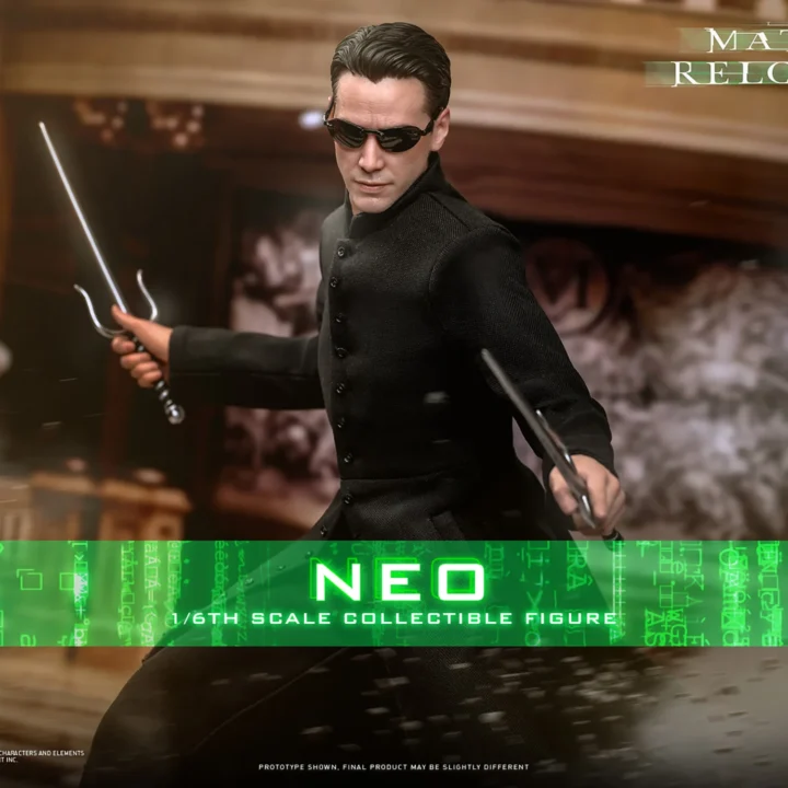 Hot Toys Neo in sunglasses and a long black coat, holding two sai in a fighting pose before a grand staircase.