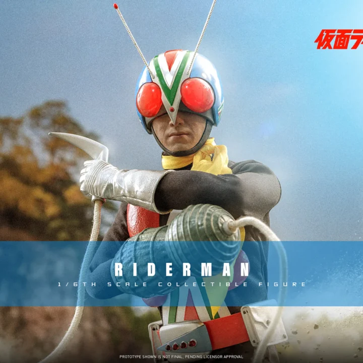 Hot Toys Riderman figure with a blue helmet, red chest armor and yellow scarf, holding a sickle attached to his Rope Arm.