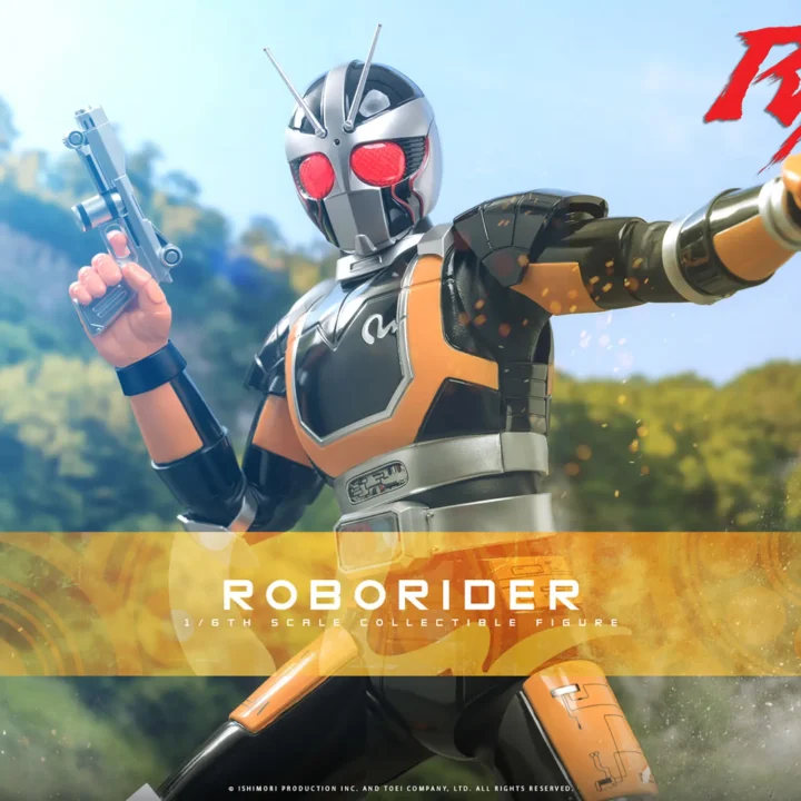 Hot Toys RoboRider holding a silver Vortech Shooter upright beside his helmet while reaching the other orange hand outward, wearing glossy black armor with orange and silver accents.