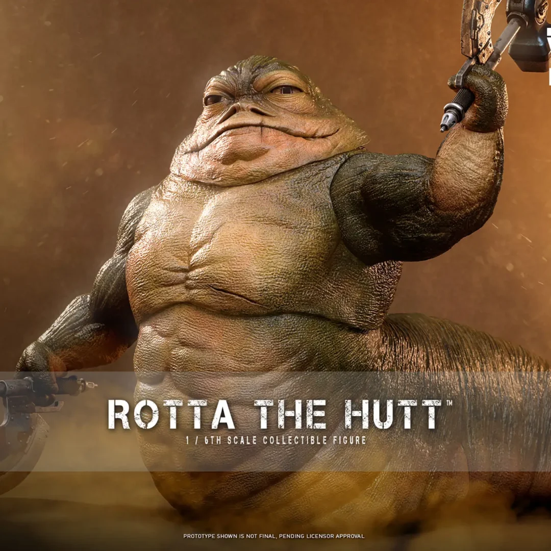 Hot Toys Rotta the Hutt raising one battle axe and holding the other low, with a broad muscular torso and long curled tail against warm lighting.