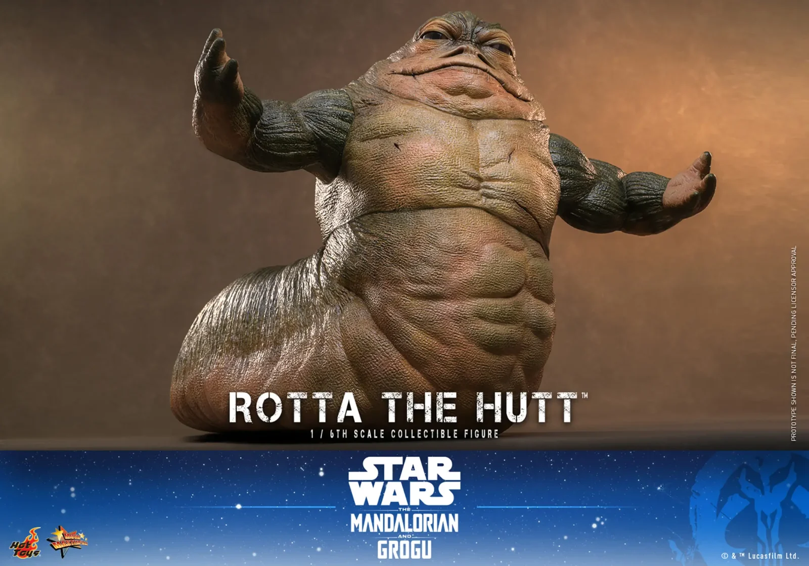 Low-angle Hot Toys Rotta the Hutt view with both open hands spread, emphasizing the muscular arms, folded belly and long tail.