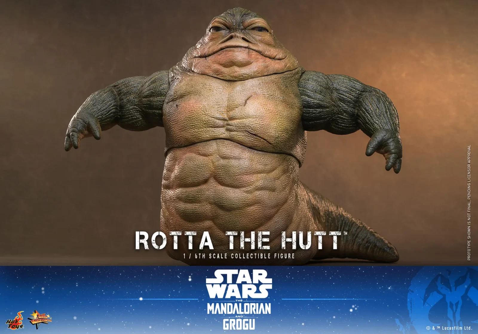 Hot Toys Rotta the Hutt facing forward with both arms held out and hands lowered, showing the tan chest, dark textured shoulders and curled tail.