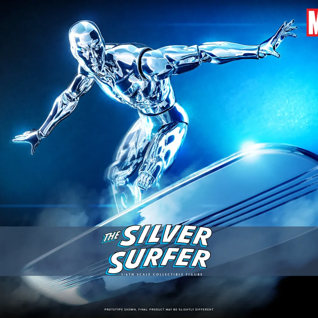 Hot Toys Silver Surfer leaning over his silver surfboard with both arms extended against a blue-lit background.