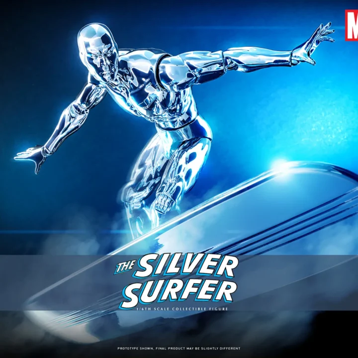 Hot Toys Silver Surfer leaning over his silver surfboard with both arms extended against a blue-lit background.