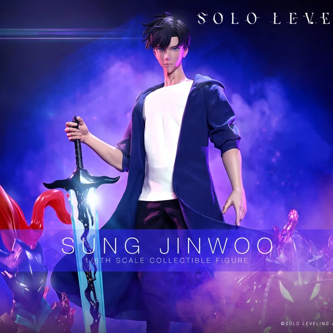 Hot Toys Sung Jinwoo holding the large blue Demon King's Longsword upright beside helmeted shadow-display pieces, wearing a blue coat over a white shirt amid purple mist.