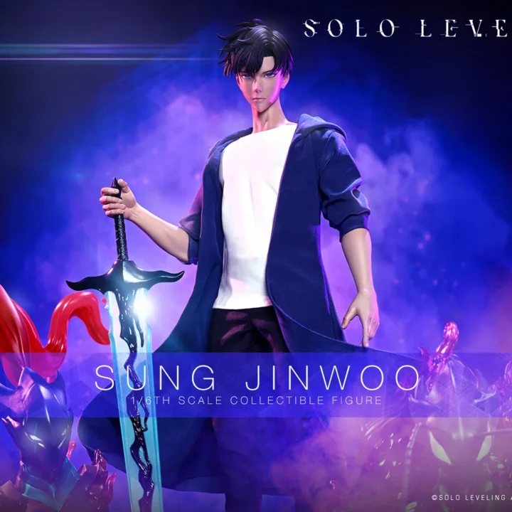 Hot Toys Sung Jinwoo holding the large blue Demon King's Longsword upright beside helmeted shadow-display pieces, wearing a blue coat over a white shirt amid purple mist.