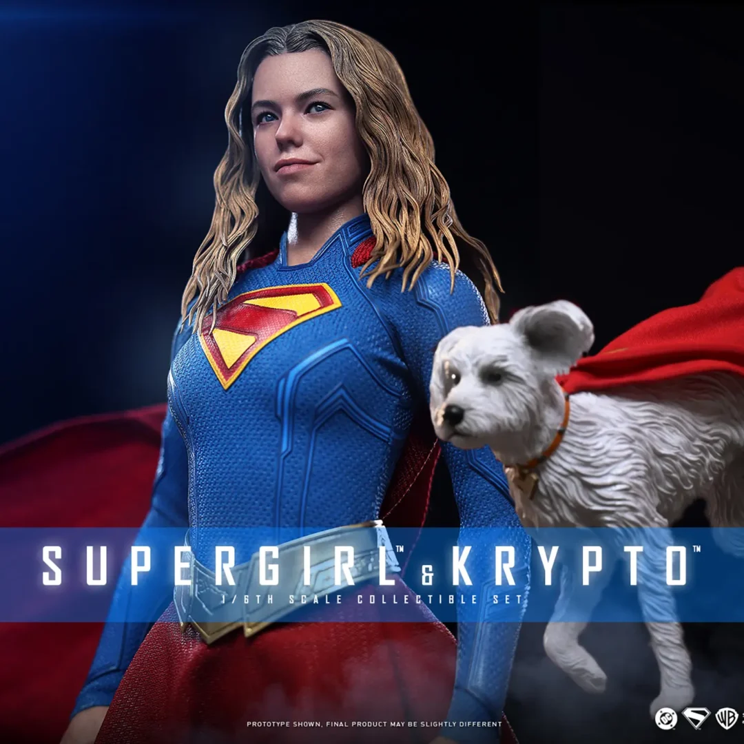 Hot Toys Supergirl with wavy blonde hair and a red-and-yellow chest shield beside white Krypto, with both red capes streaming behind them.