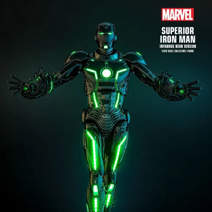 Superior Iron Man Infamous Neon Version standing on the circular display base with both palms open, metallic-black armor and green illuminated details.