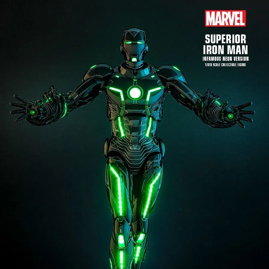 Superior Iron Man Infamous Neon Version standing on the circular display base with both palms open, metallic-black armor and green illuminated details.