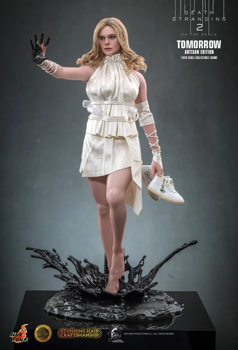 Tomorrow standing barefoot on the tar base and holding her white sneakers
