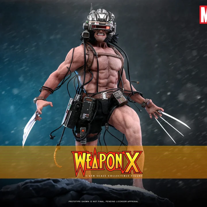Hot Toys Weapon X spreading clawed hands beneath a metallic monitoring helmet, with cables draped over his bare chest, black shorts and equipment belt.