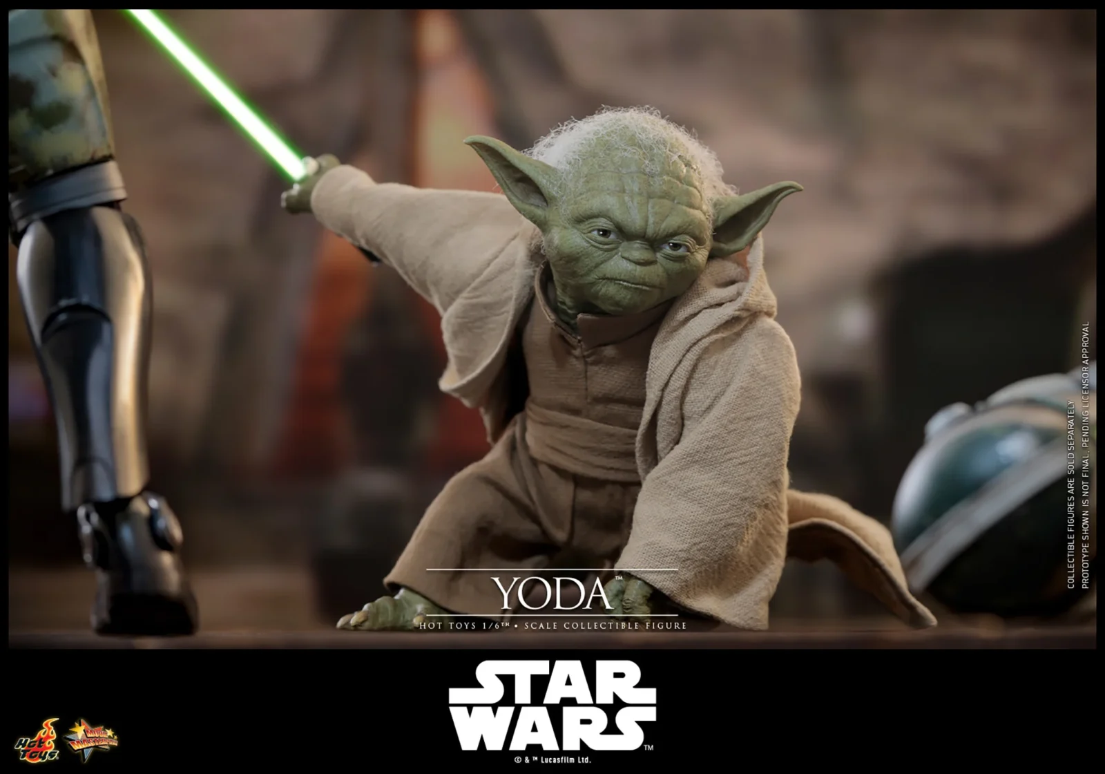 Hot Toys Yoda crouching low in a battle display, green lightsaber extended behind him and one hand lowered near the ground beside surrounding armored figures.