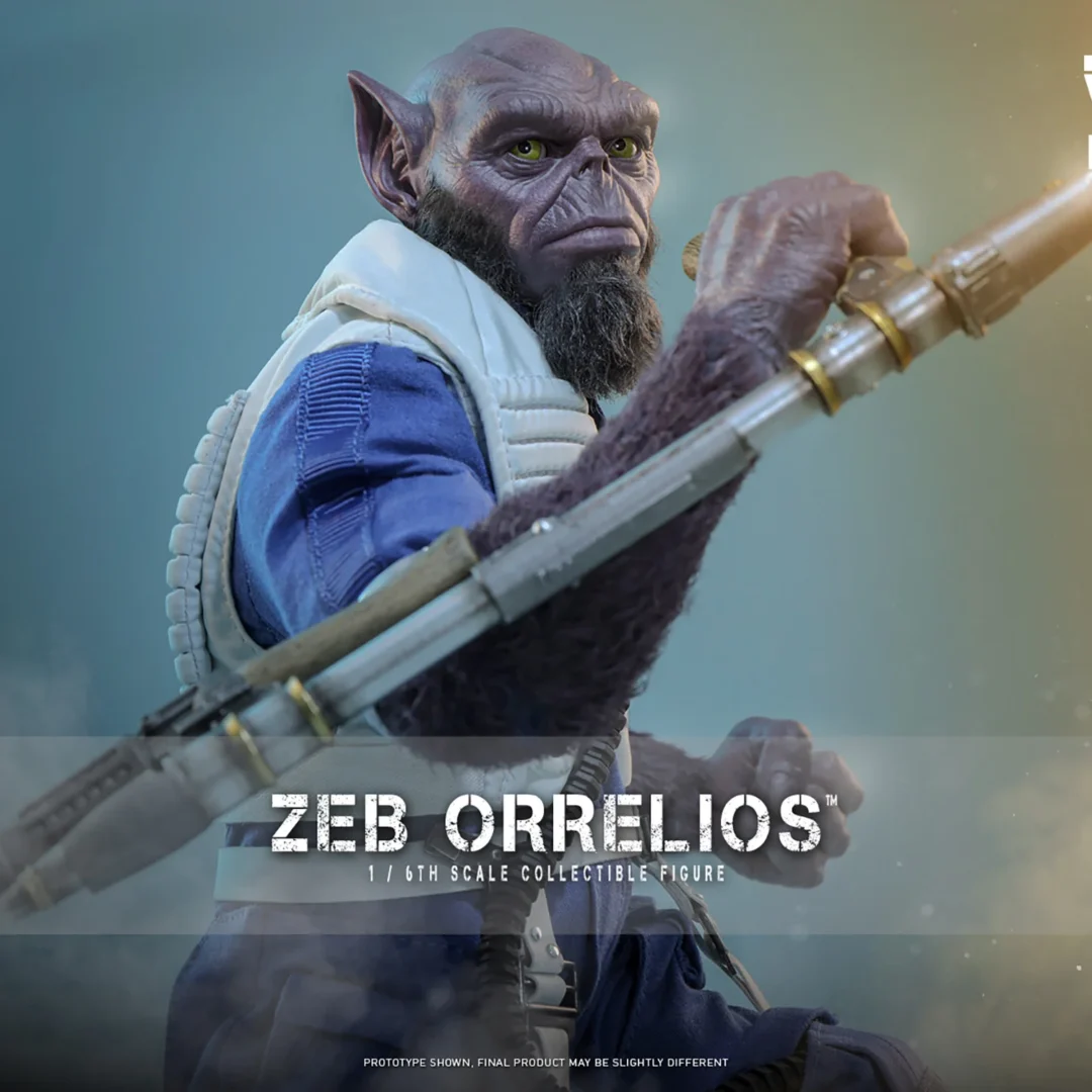 Hot Toys Zeb Orrelios with purple skin, green eyes and a dark beard, raising his bo-rifle across a blue flight suit and pale gray vest.
